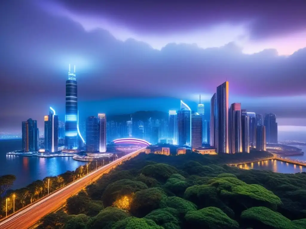 Cityscape futurista: luces neón y tecnología avanzada en 8k Una metrópolis futurista iluminada con luces neón vibrantes, reflejando arquitectura moderna y tecnología avanzada