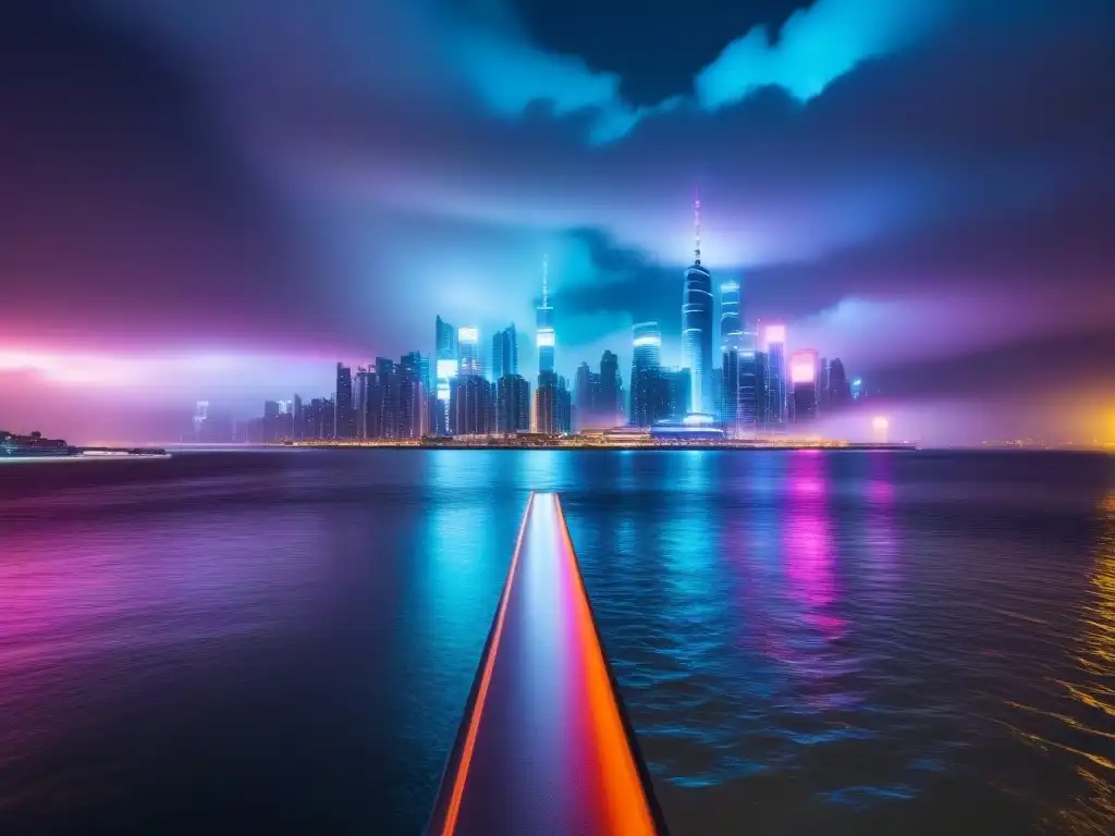 Metrópolis futurista: luces neón en la noche Una metrópolis futurista iluminada por luces neón, reflejándose en un río tranquilo