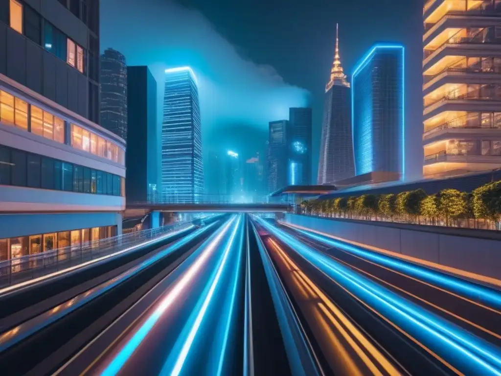 Metrópolis futurista: luces neón y tecnología avanzada Una metrópolis futurista iluminada por luces de neón, con trenes de levitación magnética y drones, reflejando innovación y sofisticación urbana