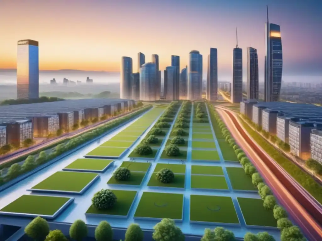 Metrópolis sostenible: arquitectura moderna en armonía con la naturaleza Una metrópolis futurista con infraestructura verde integrada