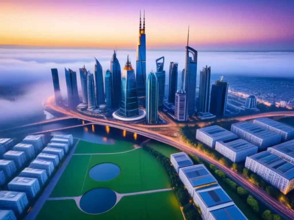 Cityscape futurista con diseño sostenible y verde en atardecer Una metrópolis futurista con innovadores diseños arquitectónicos y espacios verdes sostenibles, enmarcada por un atardecer vibrante