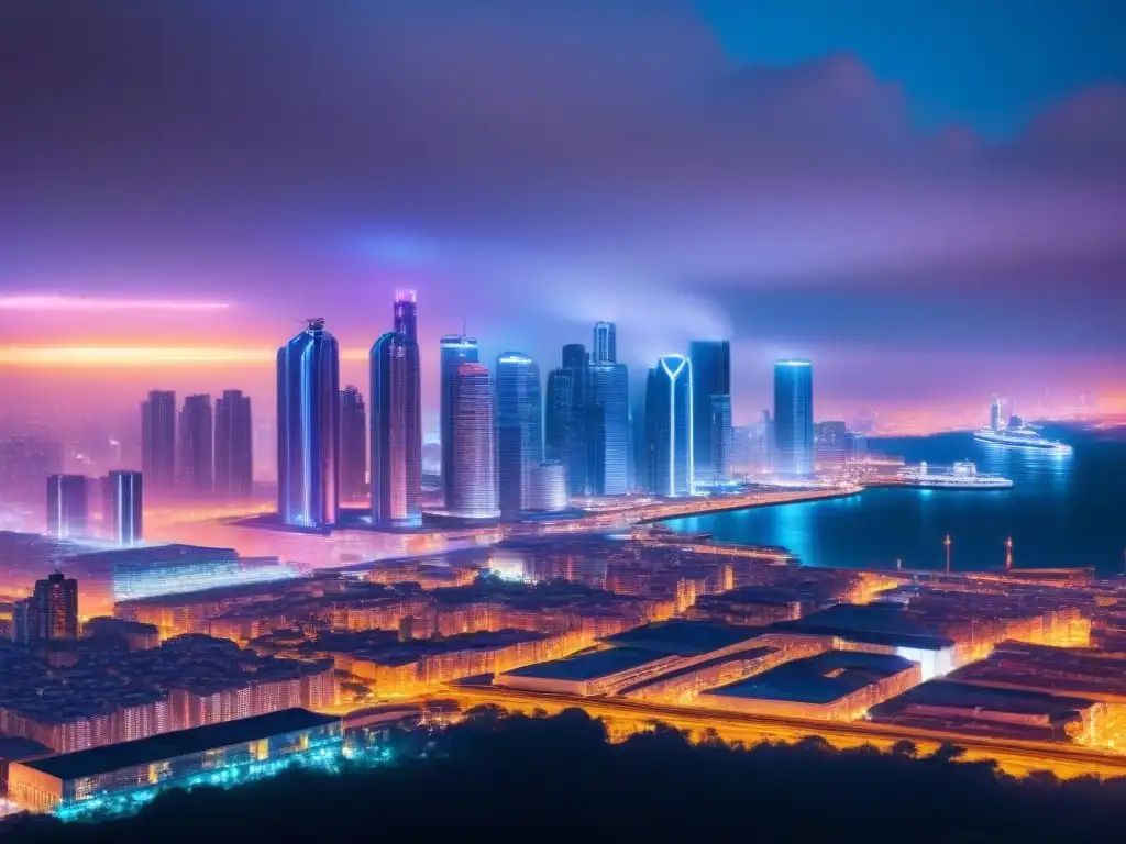 Metrópolis futurista: skyline de rascacielos iluminados con contratos inteligentes en bienes raíces globales Una metrópolis futurista llena de rascacielos brillantes y luces de neón, impulsada por contratos inteligentes en el mercado inmobiliario internacional