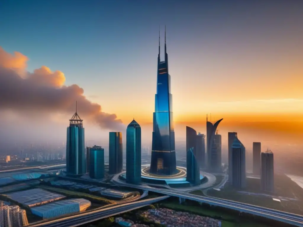 Metrópolis futurista: crecimiento y oportunidad en mercados emergentes Una metrópolis futurista en mercados emergentes, con rascacielos y infraestructura avanzada, iluminada por el cálido atardecer