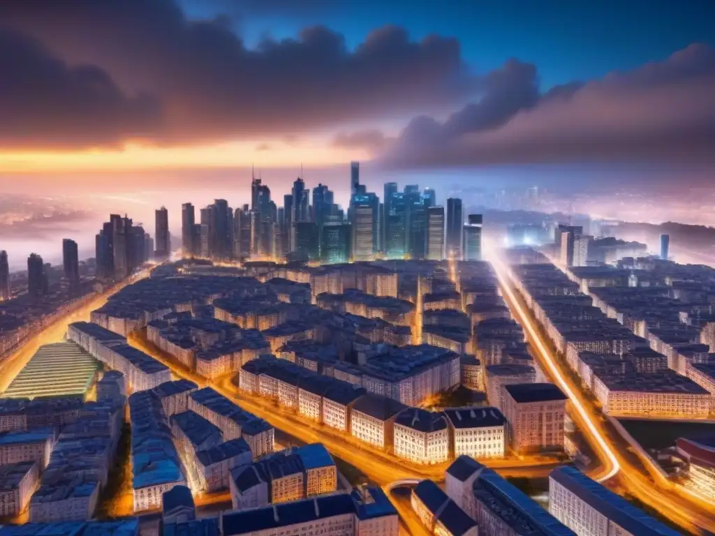 Metrópolis futurista: nodos blockchain iluminan la noche Una metrópolis futurista de noche con nodos blockchain iluminando el horizonte, integrando tecnología en planificación urbana