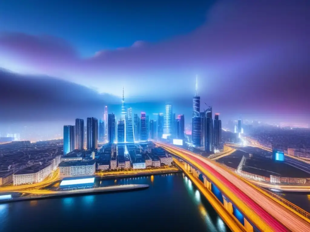 Metrópolis futurista: luces y tecnología AI en una ciudad nocturna Una metrópolis futurista de noche, con rascacielos iluminados y calles brillantes, muestra la fusión de la inteligencia artificial en mercado inmobiliario