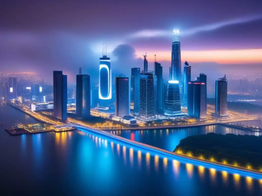 Metrópolis futurista: luces neón en rascacielos nocturnos Una metrópolis futurista de noche con rascacielos iluminados por luces neón, reflejando innovación y tecnología avanzada