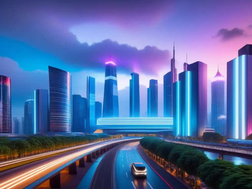 Metrópolis futurista: inversiones inmobiliarias en 8k Una metrópolis futurista con rascacielos brillantes y luces de neón que reflejan el impacto de la globalización en los precios inmobiliarios