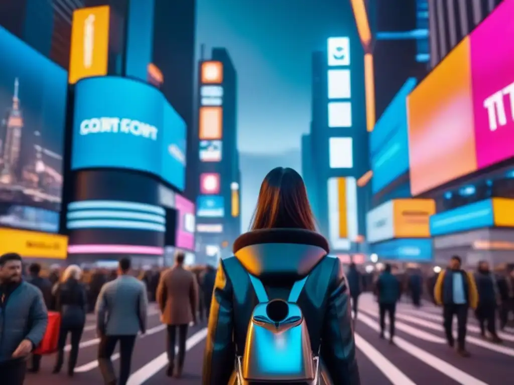 Metrópolis futurista: luces neón y tecnología avanzada Una metrópolis futurista con rascacielos de cristal reflejando luces neón, personas usando tecnología avanzada, fusiones inmobiliarias internacionales