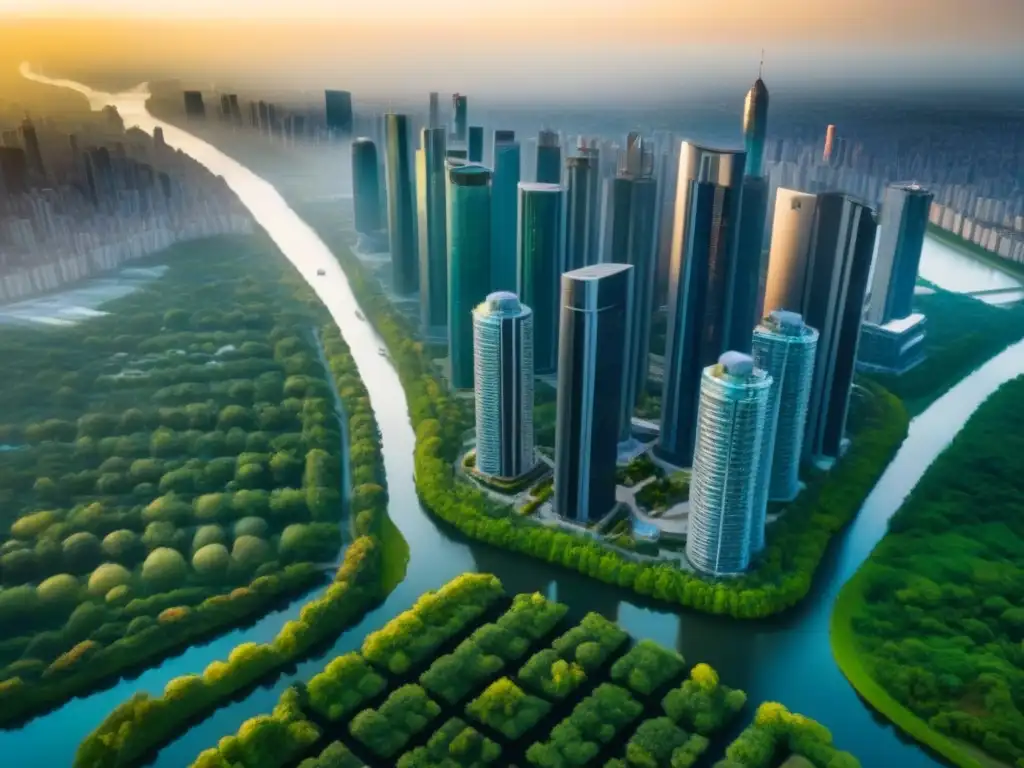 Metrópolis futurista: luces del atardecer entre ríos y parques Una metrópolis futurista con rascacielos elegantes, rodeada de parques verdes y ríos sinuosos al atardecer