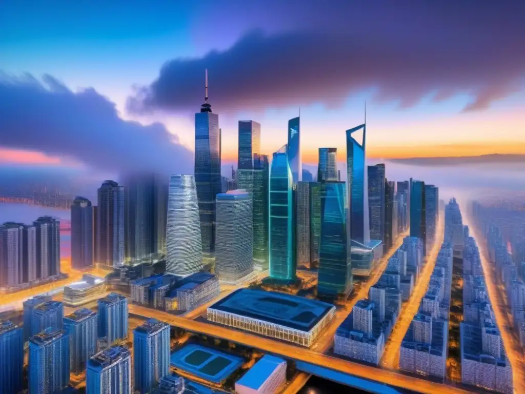 Metrópolis Futurista: Valuación REITs en la Economía Global Una metrópolis futurista con rascacielos emblemáticos reflejando la valuación de REITs en el mercado inmobiliario internacional