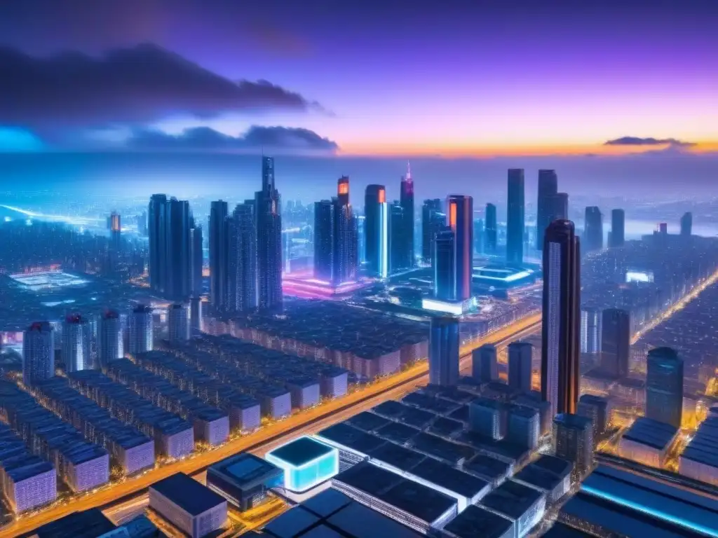 Metrópolis futurista: rascacielos iluminados y autos voladores Una metrópolis futurista con rascacielos iluminados por luces de neón, reflejando la inteligencia artificial en hipotecas internacionales