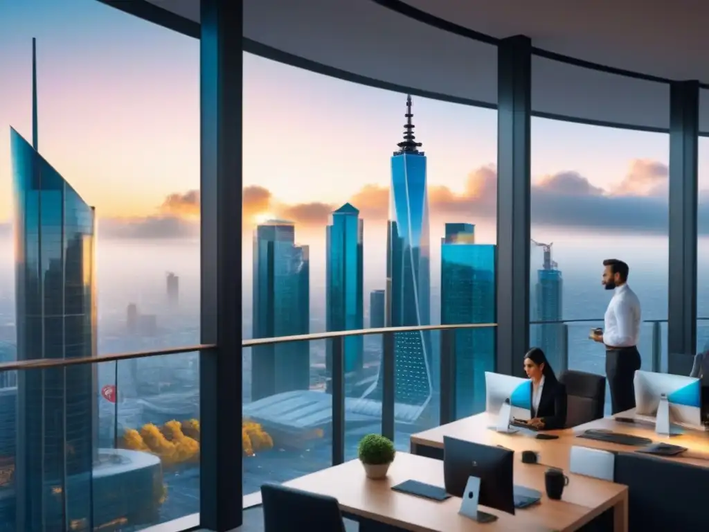 Profesionales remotos en ciudad futurista Una metrópolis futurista con rascacielos imponentes y profesionales trabajando remotamente en un edificio de oficinas tecnológico