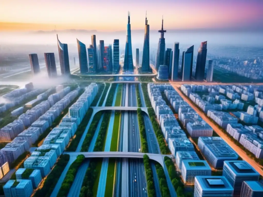 Metrópolis futurista: arquitectura innovadora y transporte eficiente Una metrópolis futurista con rascacielos modernos, espacios verdes y sistemas de transporte público eficientes integrados
