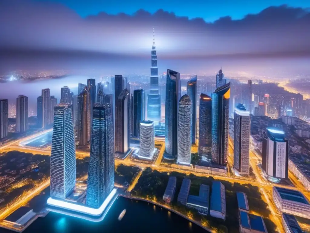 Metrópolis del Futuro: Blockchain revoluciona la industria inmobiliaria Una metrópolis futurista con rascacielos y tecnología blockchain integrada, mostrando transacciones inmobiliarias internacionales con blockchain