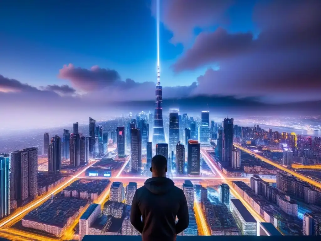 Metrópolis futurista: luces neón en la ciudad al anochecer Una metrópolis futurista al anochecer, con rascacielos tecnológicos iluminados por luces neón