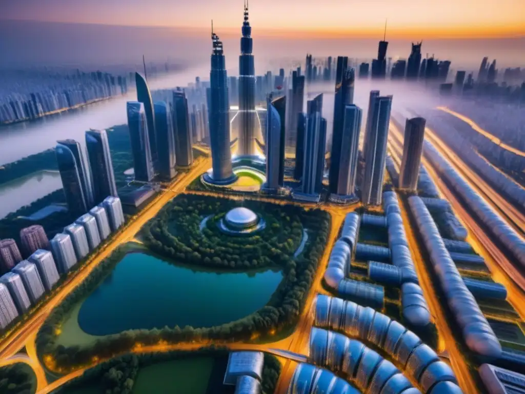 Metrópolis futurista: progreso y naturaleza en armonía Una metrópolis futurista con rascacielos reflejando los tonos dorados del atardecer, fusionando urbanización y naturaleza