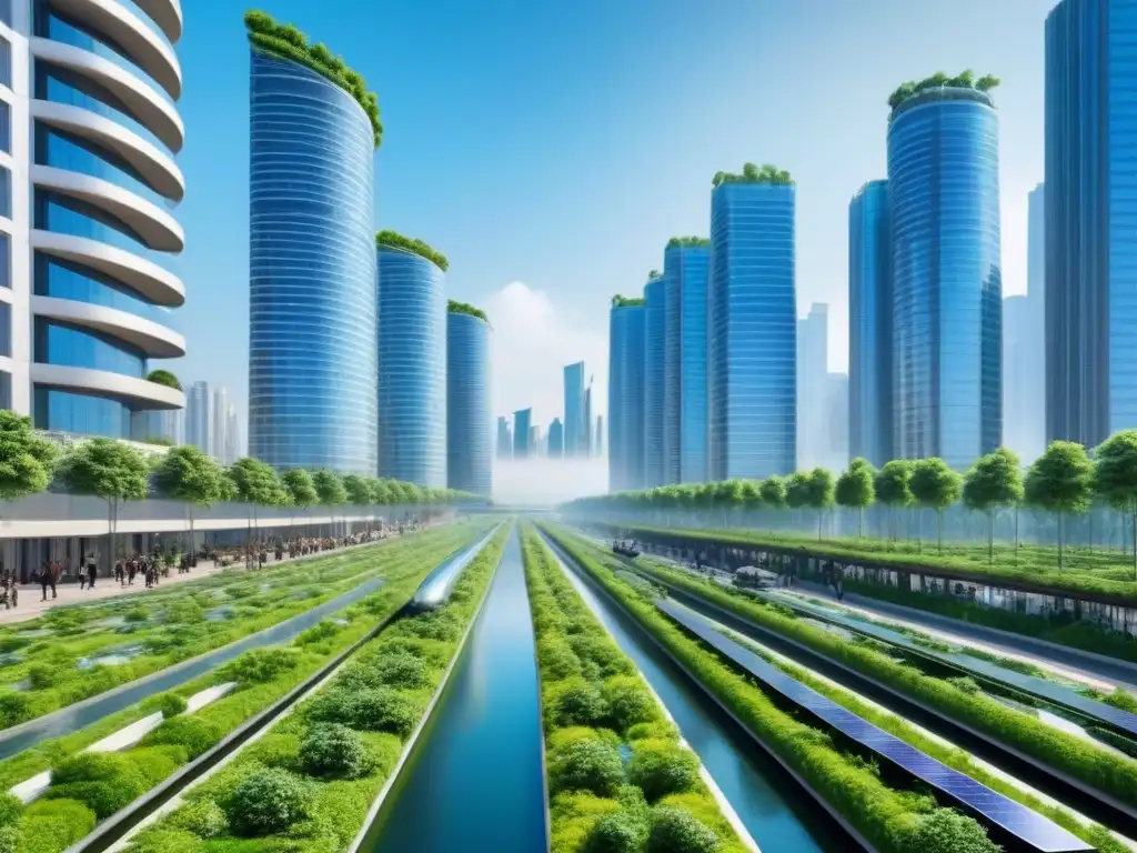 Metrópolis futurista sostenible: rascacielos verdes y vehículos eléctricos Una metrópolis futurista y sostenible, con rascacielos elegantes y paneles solares