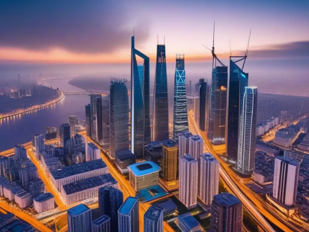 Metrópolis global: conectividad y oportunidades inmobiliarias Una metrópolis iluminada de noche, reflejo de una red de contactos internacionales postcrisis, con rascacielos conectados por calles brillantes