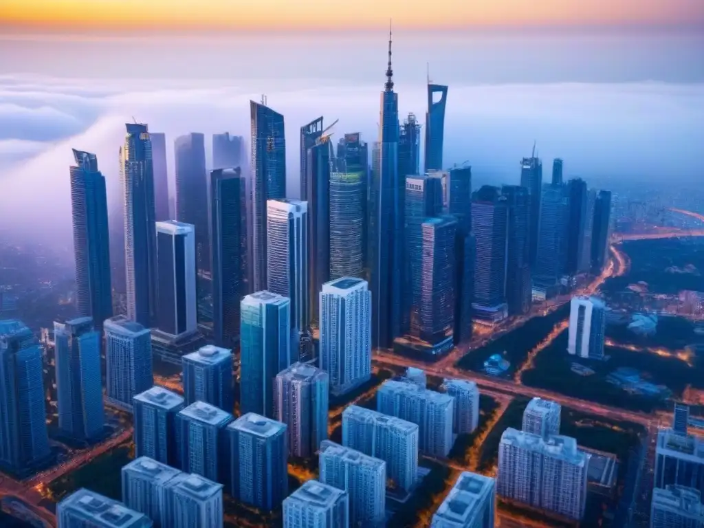 Metrópolis moderna: skyline de rascacielos en auge Una metrópolis moderna llena de rascacielos, reflejo del mercado inmobiliario para inversionistas globales en REITs