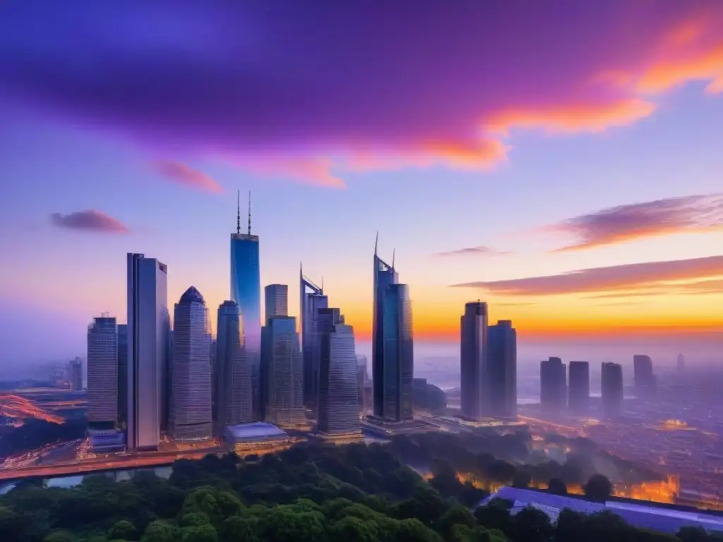 Metrópolis vibrante al atardecer: éxito y prosperidad en la ciudad moderna Una metrópolis moderna al anochecer, con rascacielos iluminados y profesionales en la calle