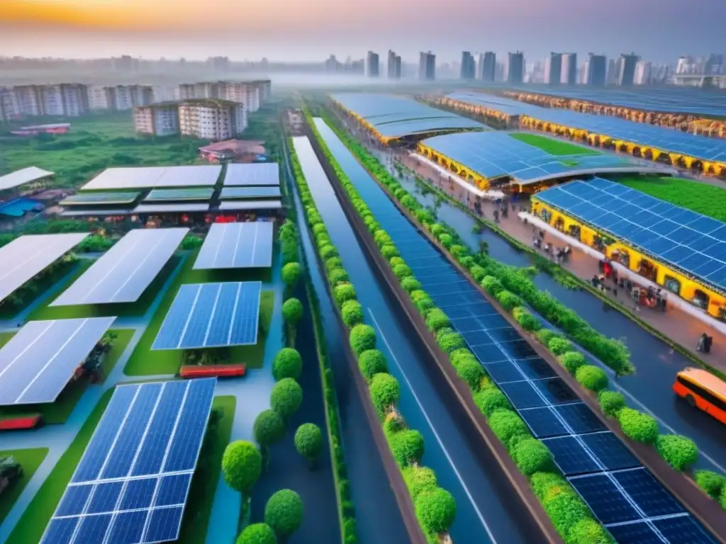 Modernidad sostenible en África: una visión aérea vibrante y próspera Una metrópolis moderna y vibrante en África Subsahariana, con edificios altos, naturaleza, transporte eficiente y energía solar en los techos