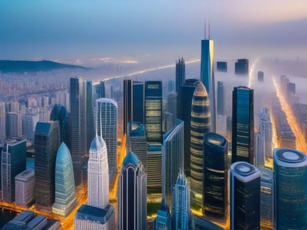 Metrópolis global: fusiones inmobiliarias internacionales Una metrópolis vibrante con un fusionado de rascacielos modernos y edificios históricos, reflejando la compleja legislación de fusiones inmobiliarias internacionales