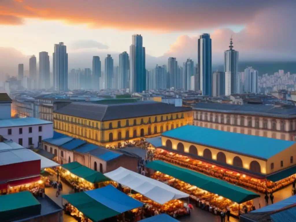 Metrópolis latinoamericana: arquitectura dinámica y vida urbana vibrante Una metrópolis vibrante de América Latina con rascacielos modernos y edificios históricos, mercados callejeros y gente diversa
