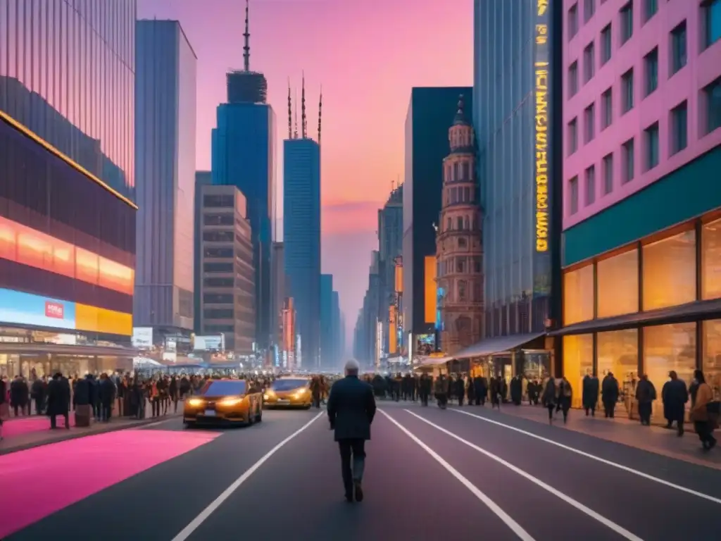 Metrópolis vibrante al atardecer: inversión en bienes raíces urbanos Una metrópolis vibrante y moderna al atardecer, reflejando el crecimiento y la oportunidad de inversión inmobiliaria en mercado internacional