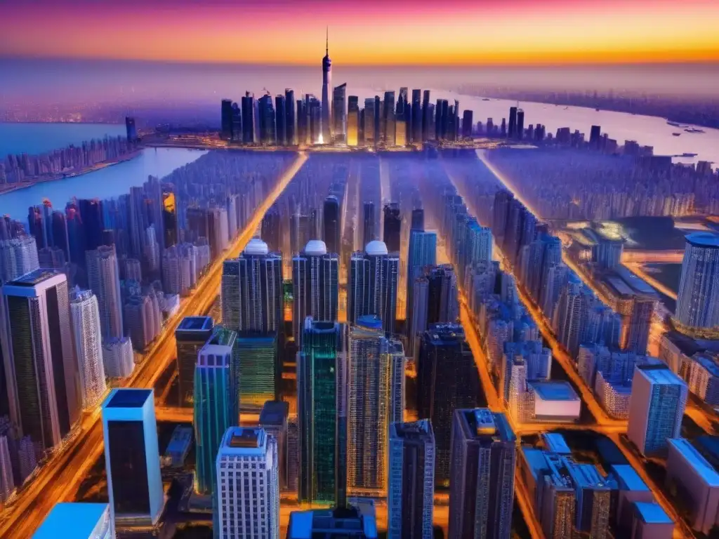 Horizonte urbano al atardecer: oportunidades globales en bienes raíces Una metrópolis vibrante y moderna con rascacielos reflejando el atardecer, ideal para inversores de la Generación millennial