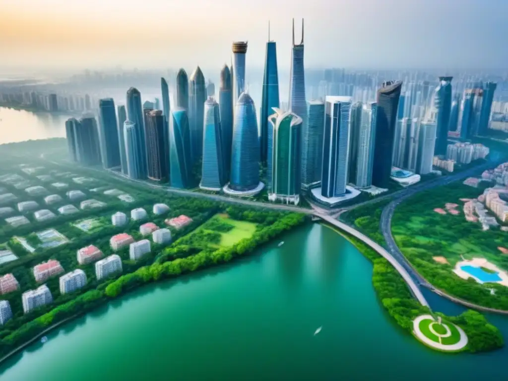 Metrópolis diversa: paisaje urbano vibrante y próspero Una metrópolis vibrante con rascacielos de diversos estilos rodeados de parques y agua
