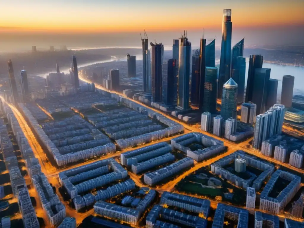 Metrópolis global: arquitectura diversa en un paisaje urbano vibrante Una metrópolis vibrante con rascacielos modernos y colaboraciones internacionales en mercado inmobiliario