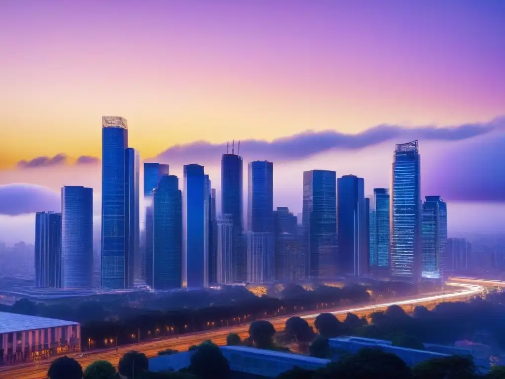 Metrópolis vibrante al anochecer: dinamismo urbano en skyline moderno Una metrópolis vibrante al anochecer, con rascacielos modernos iluminados y una calle bulliciosa