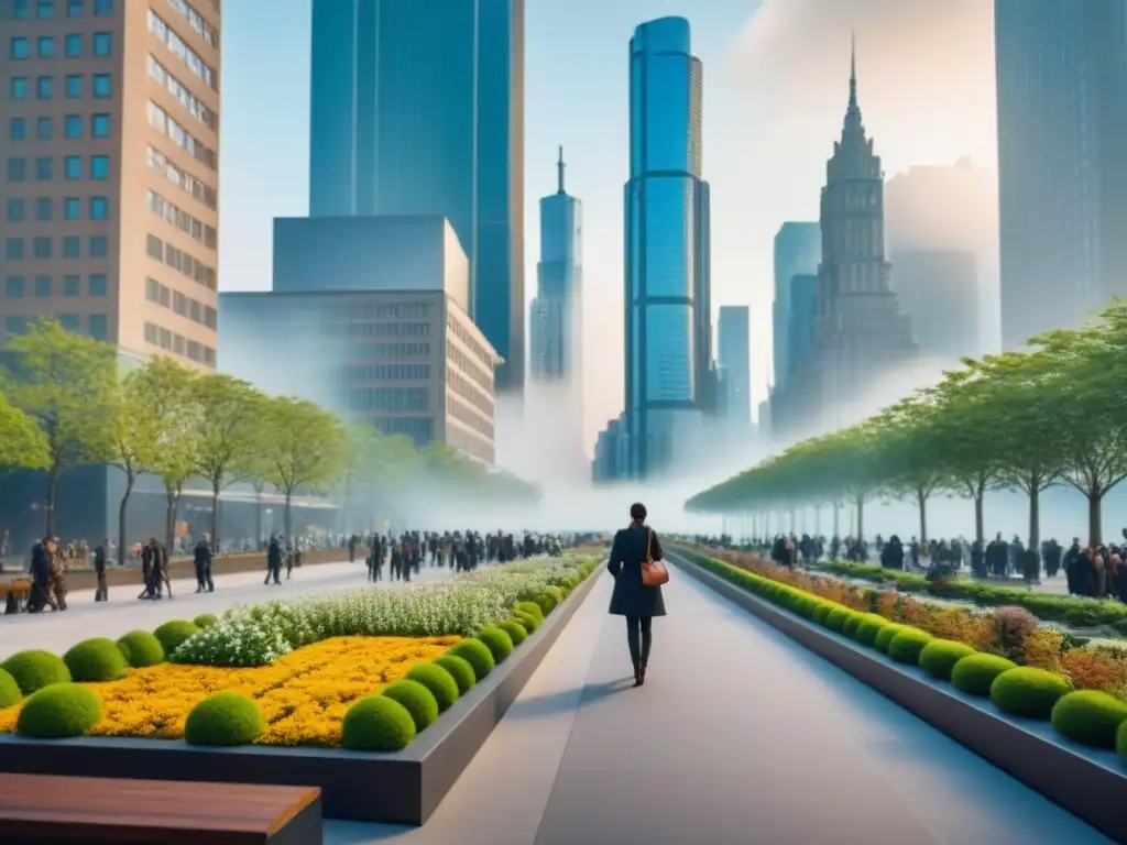 Metrópolis moderna: armonía entre urbanismo y naturaleza Una metrópolis vibrante con rascacielos, parques y modernos edificios, reflejando la integración de políticas urbanas en desarrollos inmobiliarios