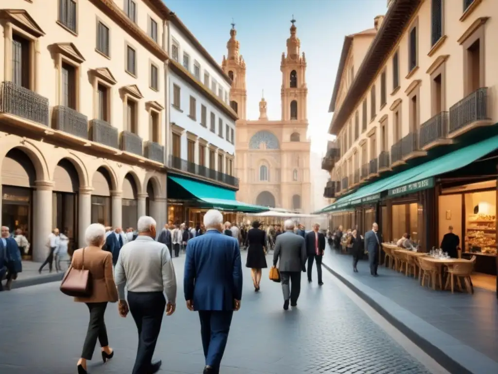 Contrastes urbanos en España: tradición e innovación Una mezcla armoniosa de arquitectura histórica y rascacielos modernos en una concurrida calle de España