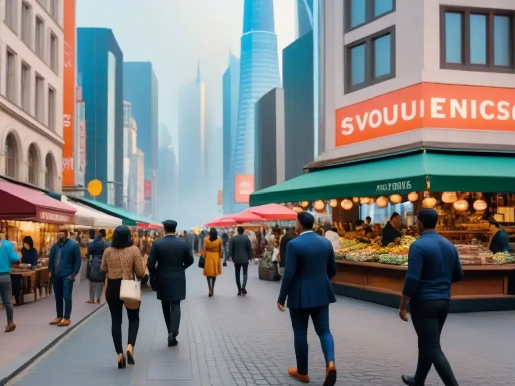 Escena urbana multicultural: tradición e innovación en la ciudad Microeconomías en ciudades globales: Calle bulliciosa con negocios diversos y gente de distintas edades y etnias, entre rascacielos y tradición