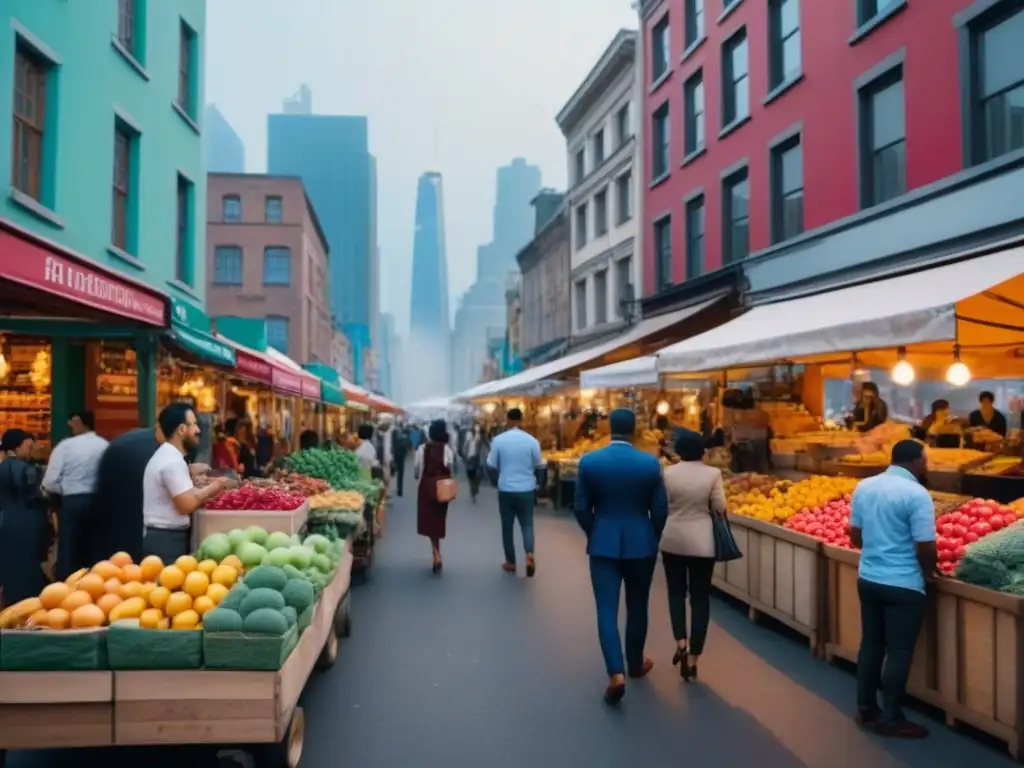 Escena urbana: tiendas locales frente a rascacielos Microeconomías en ciudades globales: Calle urbana bulliciosa con pequeños negocios variados y comunidad vibrante