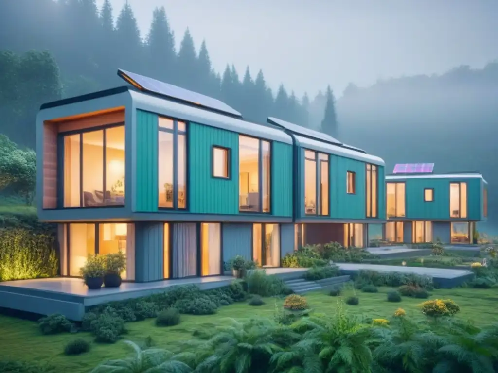 Comunidad de microhogares futuristas en bosque verde Microhogares sostenibles en un bosque, con techos verdes y paneles solares, uniendo naturaleza y arquitectura moderna