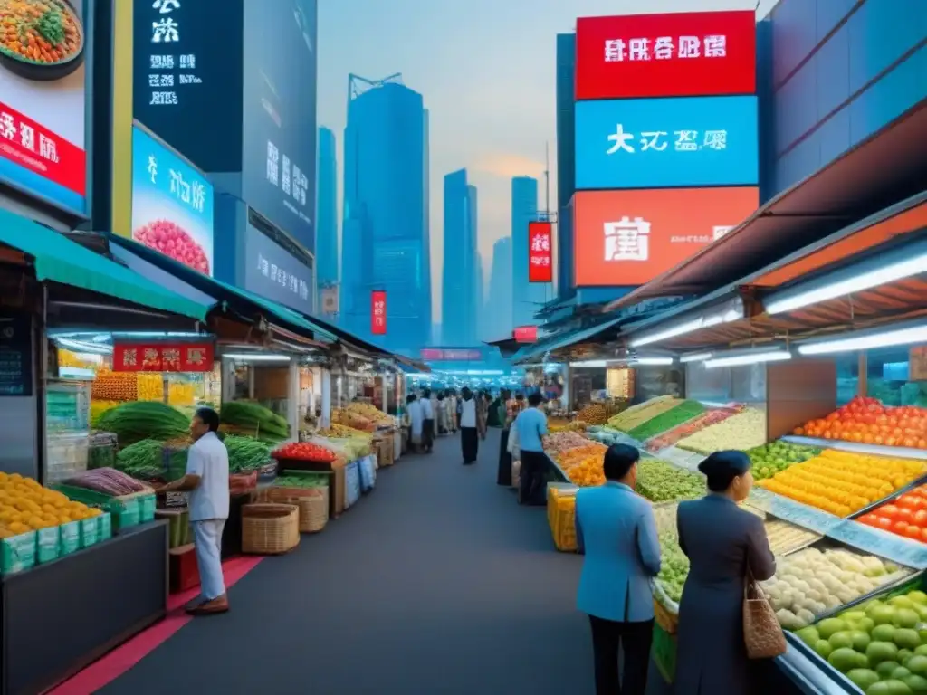 Micromercado asiático: fusión de tradición y tecnología Transformación de micromercados inmobiliarios en Asia: escena bulliciosa en un mercado asiático con puestos tradicionales y tecnología de vanguardia