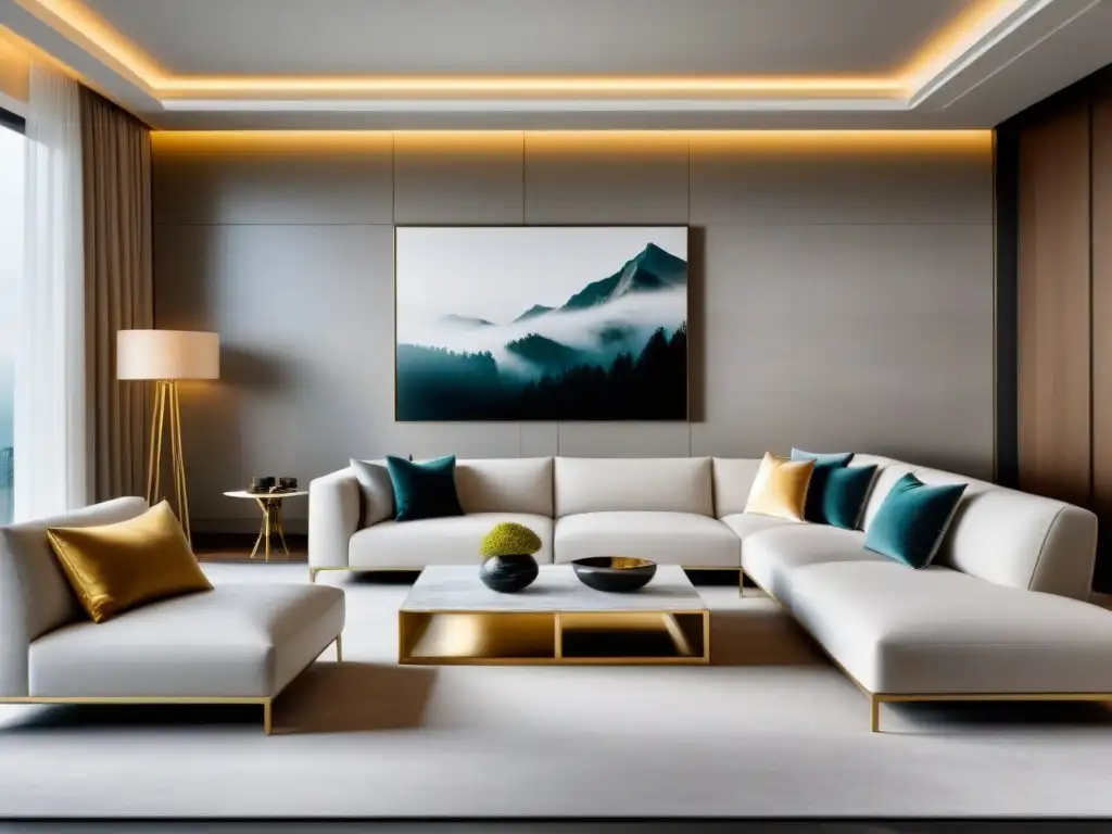 Sofisticado salón minimalista: lujo y elegancia en cada detalle Minimalismo en residencias de lujo: Sala moderna minimalista con toques de oro y mármol, muebles elegantes y arte sofisticado