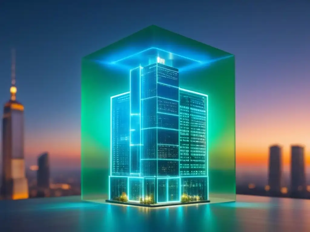 Verificación inmobiliaria: blockchain y edificio futurista Un modelo 3D de edificio con tecnología blockchain, simbolizando la verificación de inversiones inmobiliarias