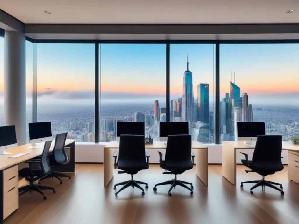 Oficina inmobiliaria moderna en ciudad, agentes y rascacielos Una moderna agencia inmobiliaria en el centro de la ciudad con agentes y rascacielos de fondo