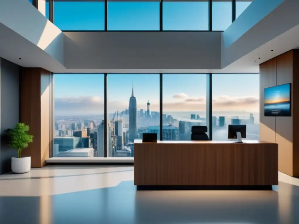 Recepción futurista con chatbots AI en edificio de oficinas Recepción moderna con chatbots amigables en un edificio de oficinas, destacando los beneficios chatbots sector inmobiliario
