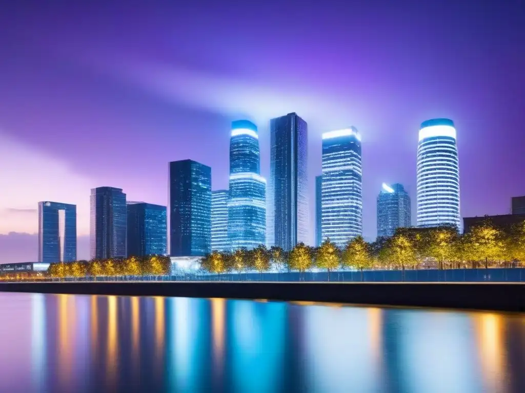 Horizonte urbano moderno al anochecer: progreso y prosperidad Moderna ciudad al anochecer, rascacielos iluminados en un cielo morado sobre un río tranquilo