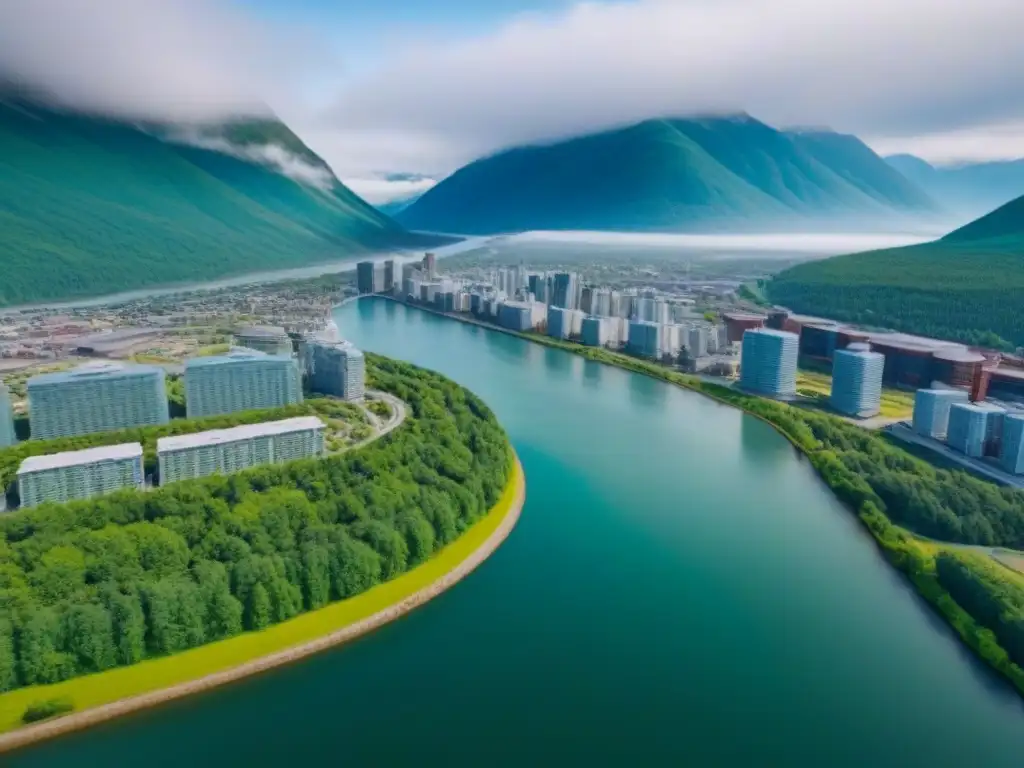 Vibrante ciudad secundaria en Canadá: armonía entre naturaleza y arquitectura moderna La moderna ciudad secundaria en Canadá con rascacielos, espacios verdes y gente diversa, rodeada de montañas y un río