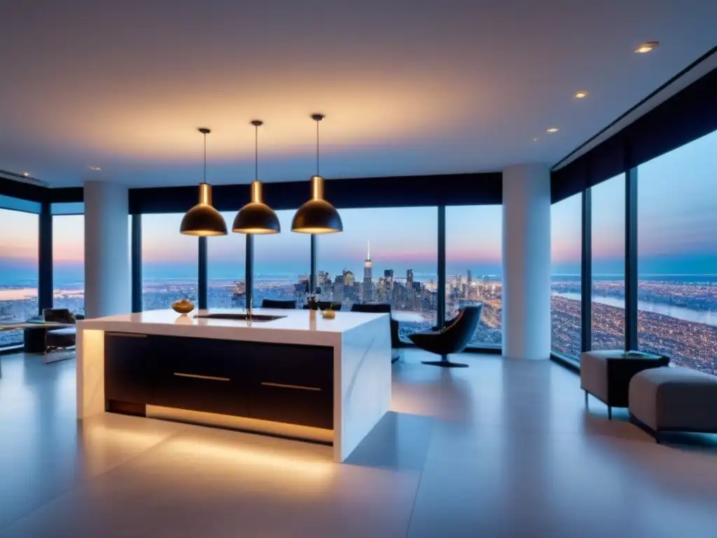 Cocina moderna de lujo con vistas a la ciudad Moderna cocina de lujo con encimeras de mármol blanco, electrodomésticos de acero inoxidable y una isla elegante