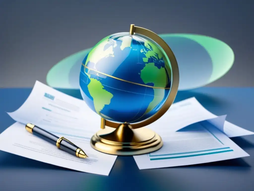Regulaciones internacionales de hipotecas: experticia en un mundo conectado Ilustración moderna detallada de un globo con nodos legales interconectados representando regulaciones hipotecarias internacionales