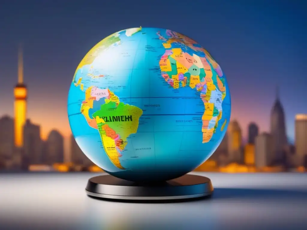 Ilustración detallada de tensión geopolítica y regulaciones M&A Ilustración moderna detallada de un globo terráqueo rodeado de líneas interconectadas que representan tensiones geopolíticas, con símbolos de monedas y gráficos de negocios superpuestos en diferentes regiones, simbolizando el impacto de las tensiones geopolíticas en las regulaciones