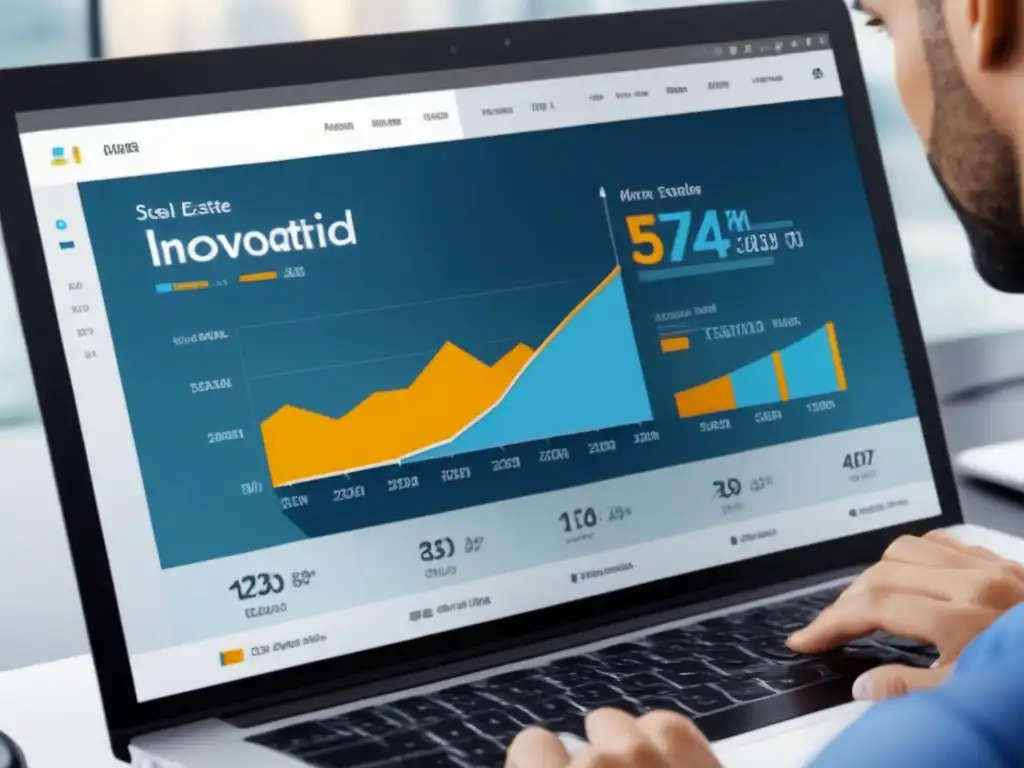 Tablero de análisis inmobiliario: tendencias y oportunidades de inversión Una moderna herramienta analítica para inversionistas inmobiliarios en pantalla de computadora, con gráficos y datos profesionales