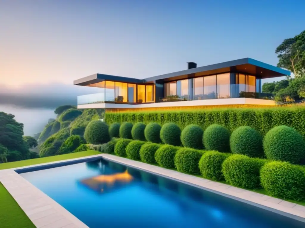 Residencia de lujo con tecnología de seguridad avanzada en entorno natural Moderna casa de lujo con avanzadas soluciones seguridad propiedades lujo y diseño elegante, rodeada de exuberante vegetación y cielo azul claro