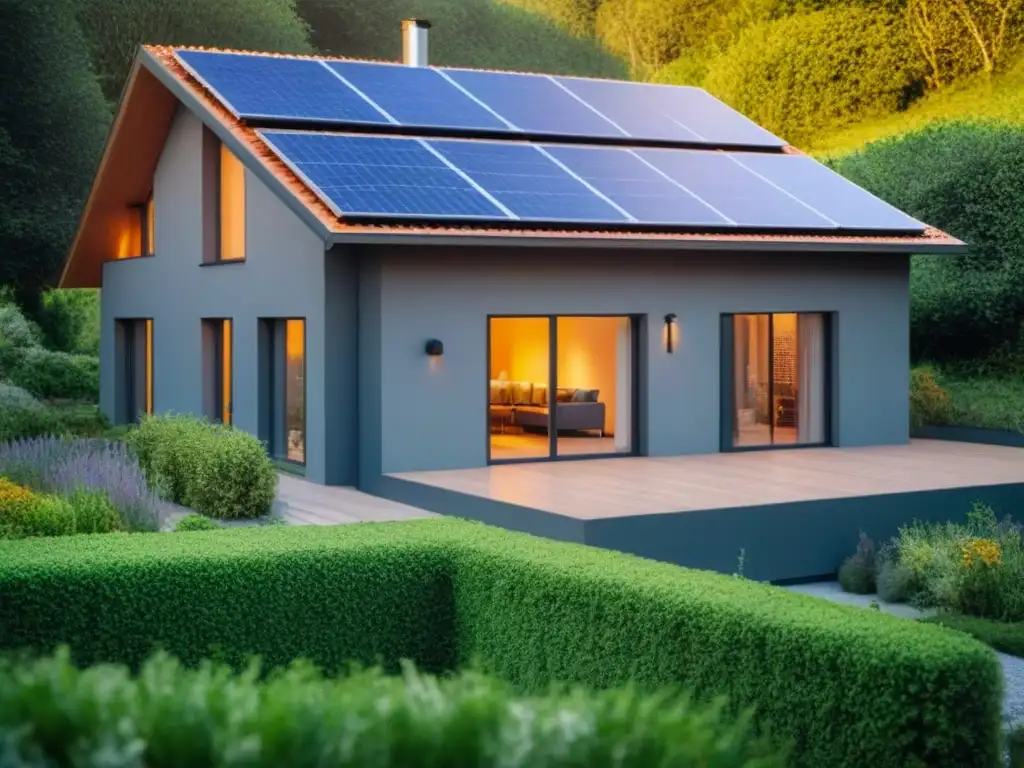 Casa ecológica con paneles solares y jardín sostenible Moderna casa ecológica con paneles solares, rodeada de vegetación y cielo azul